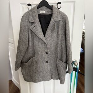 Vintage Herringbone Wool Coat Gray black white Oversized Size 18 Herman Kay